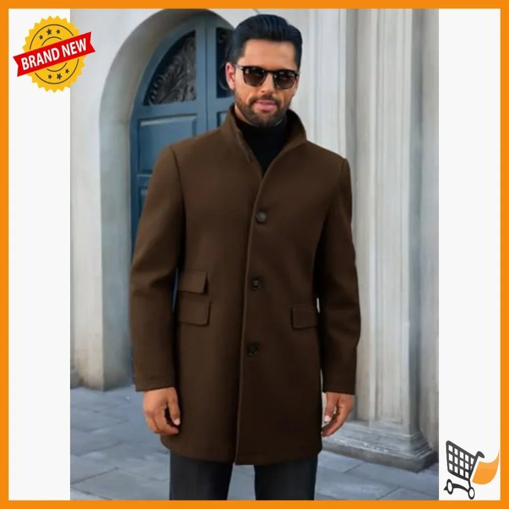 Men's Slim Fit Pea Coat Winter Overcoat with Pockets Stand Collar